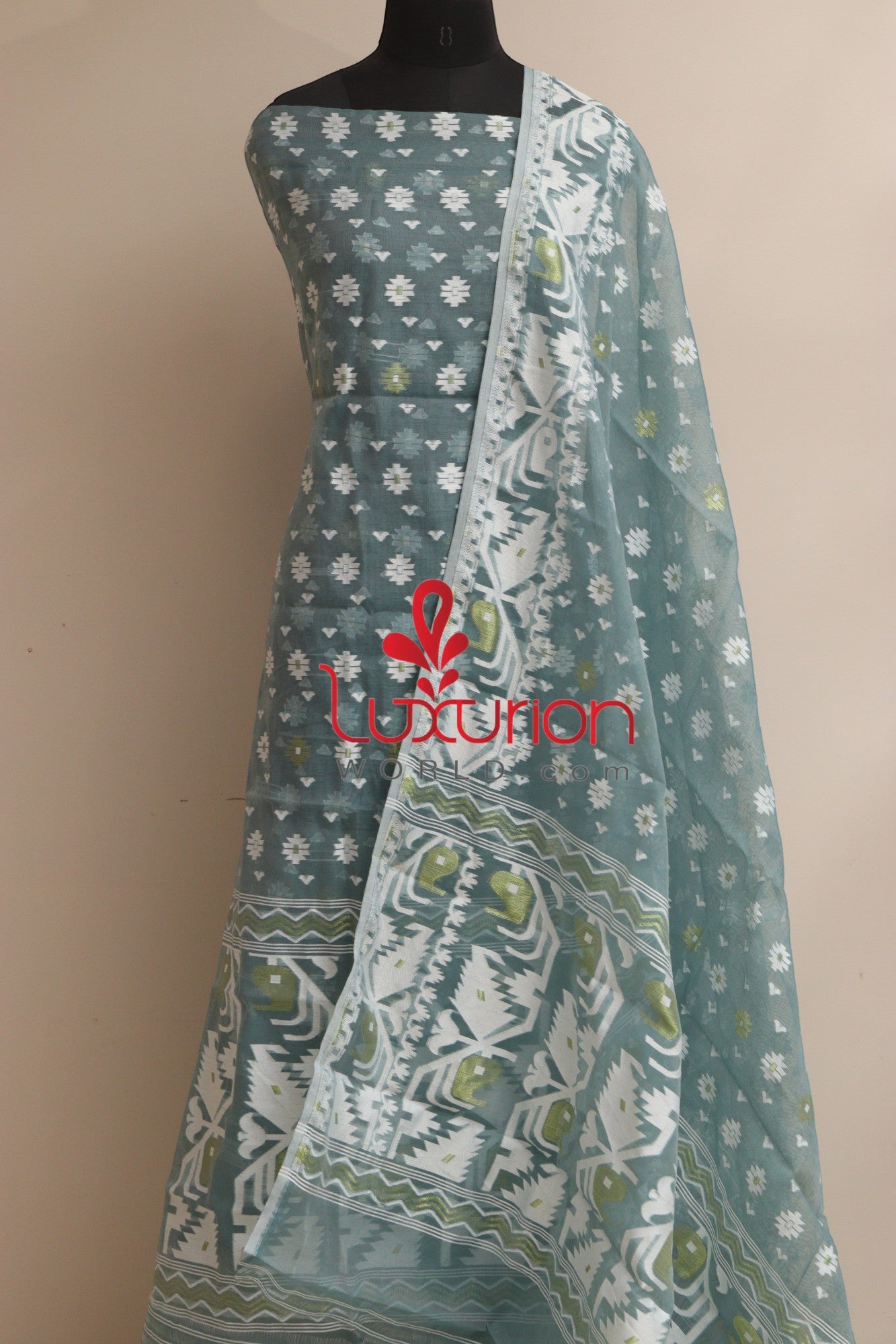 Grey Jamdani Cotton Silk Three Piece Unstitched Suit Set - Luxurion World
