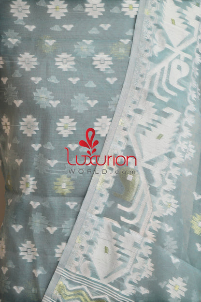 Grey Jamdani Cotton Silk Three Piece Unstitched Suit Set - Luxurion World