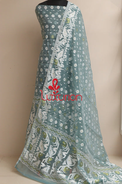 Grey Jamdani Cotton Silk Three Piece Unstitched Suit Set - Luxurion World