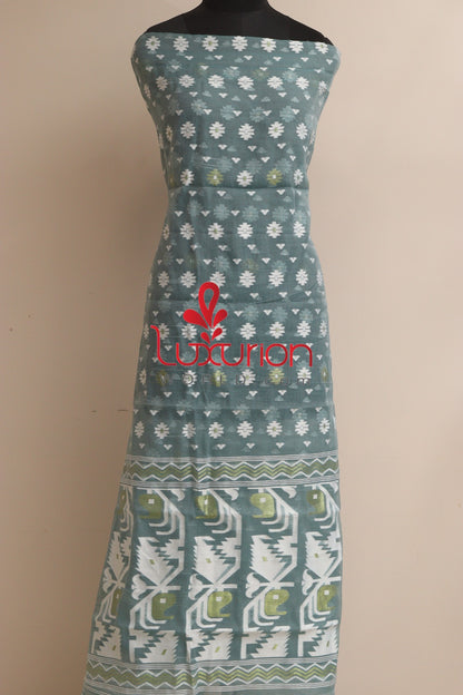 Grey Jamdani Cotton Silk Three Piece Unstitched Suit Set - Luxurion World