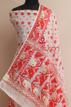 Elegant White Jamdani Cotton Silk Three Piece Unstitched Suit Set - Luxurion World