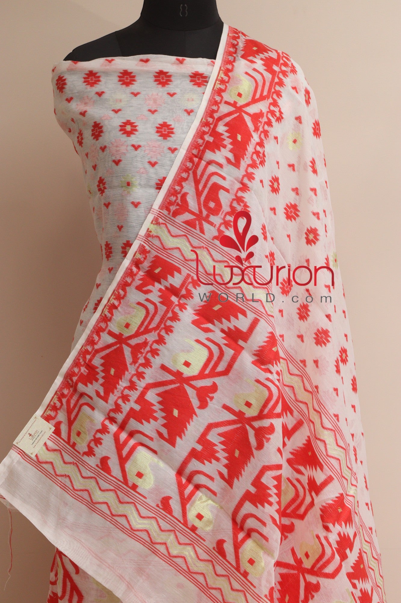 Elegant White Jamdani Cotton Silk Three Piece Unstitched Suit Set - Luxurion World