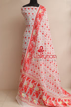 Elegant White Jamdani Cotton Silk Three Piece Unstitched Suit Set - Luxurion World