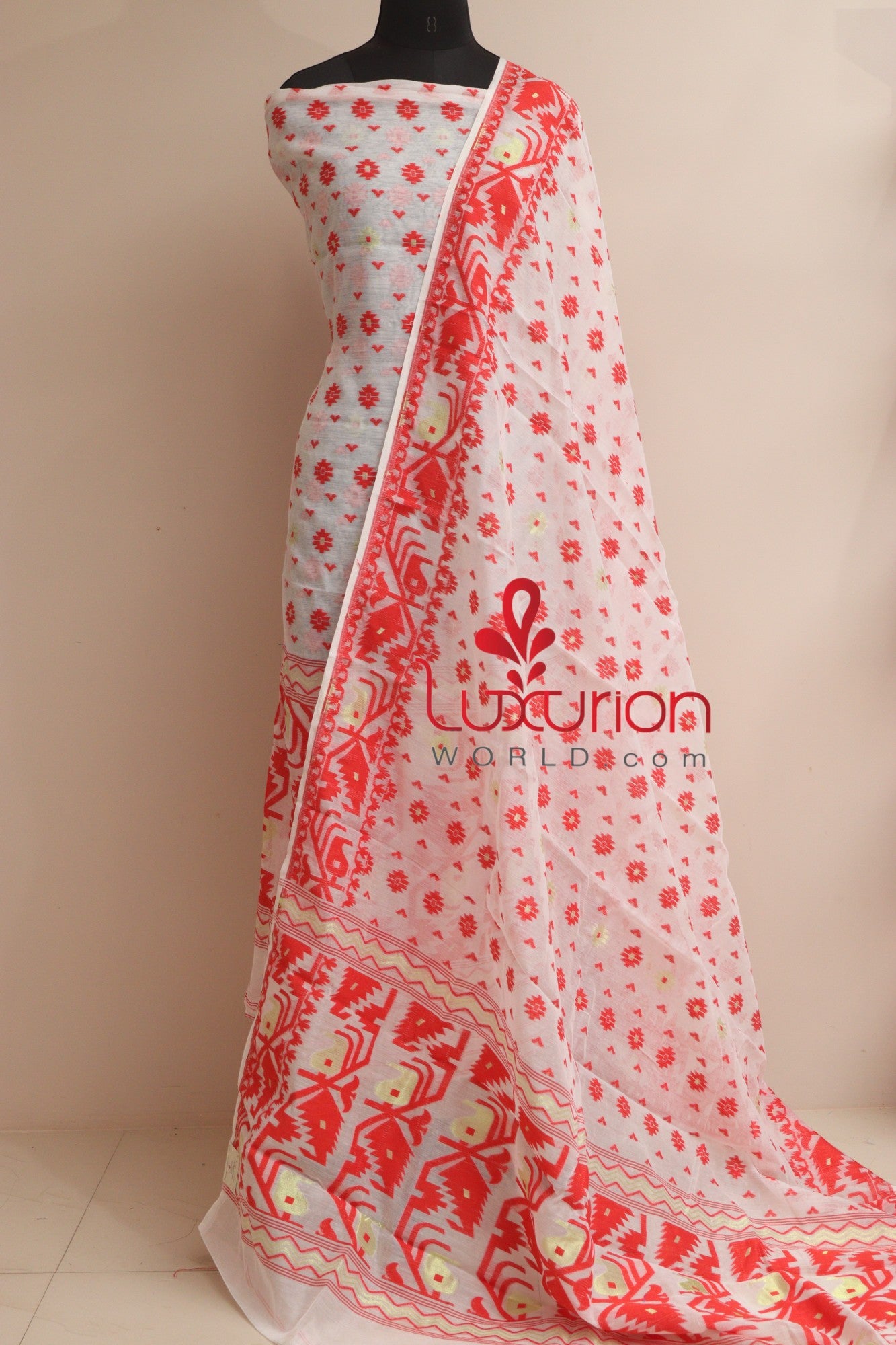 Elegant White Jamdani Cotton Silk Three Piece Unstitched Suit Set - Luxurion World