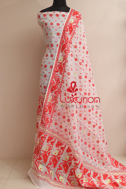 Elegant White Jamdani Cotton Silk Three Piece Unstitched Suit Set - Luxurion World