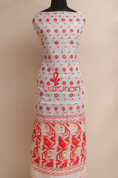 Elegant White Jamdani Cotton Silk Three Piece Unstitched Suit Set - Luxurion World