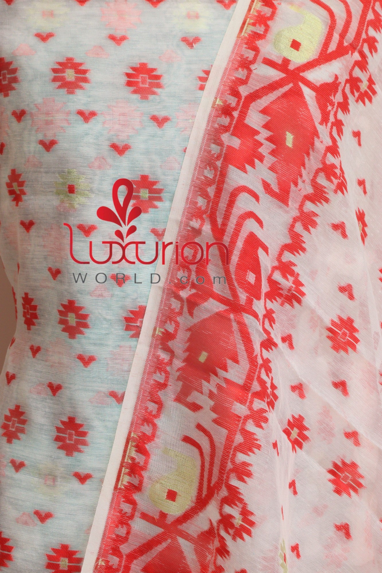 Elegant White Jamdani Cotton Silk Three Piece Unstitched Suit Set - Luxurion World