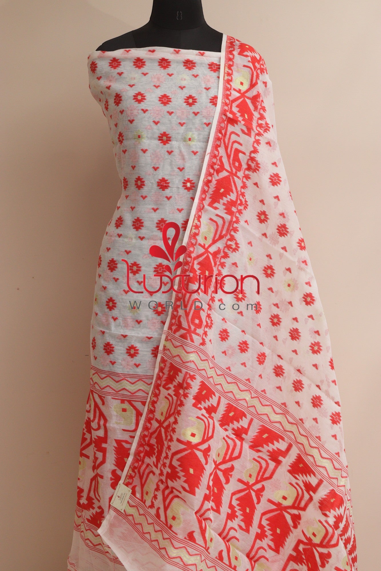 Elegant White Jamdani Cotton Silk Three Piece Unstitched Suit Set - Luxurion World