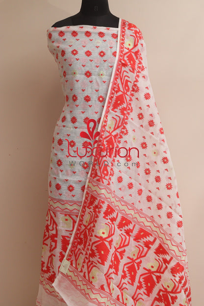 Elegant White Jamdani Cotton Silk Three Piece Unstitched Suit Set - Luxurion World