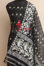 Black Jamdani Cotton Silk Three Piece Unstitched Suit Set - Luxurion World