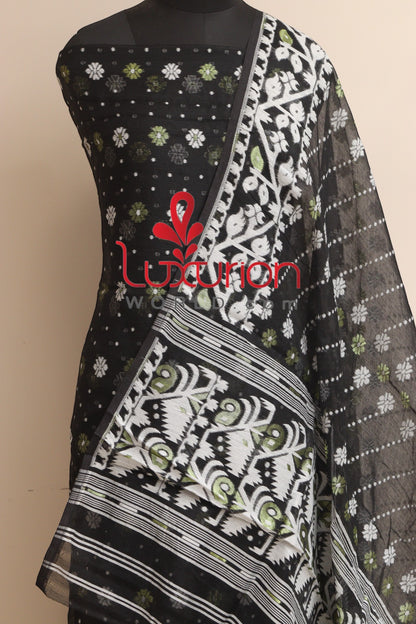Black Jamdani Cotton Silk Three Piece Unstitched Suit Set - Luxurion World