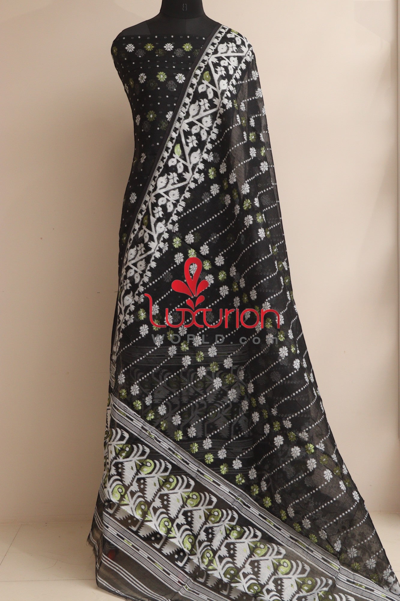 Black Jamdani Cotton Silk Three Piece Unstitched Suit Set - Luxurion World