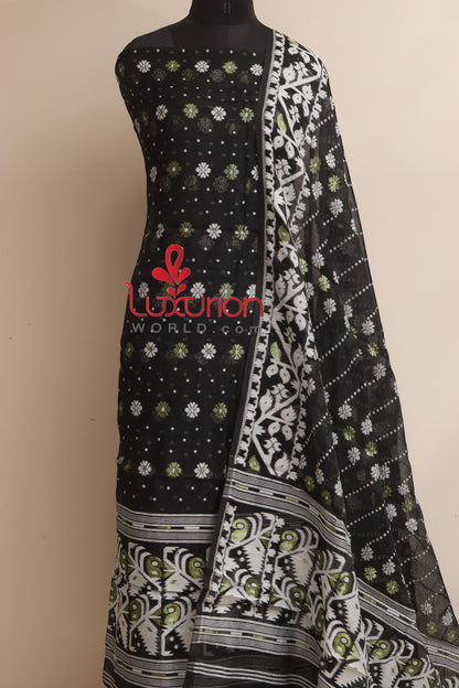 Black Jamdani Cotton Silk Three Piece Unstitched Suit Set - Luxurion World