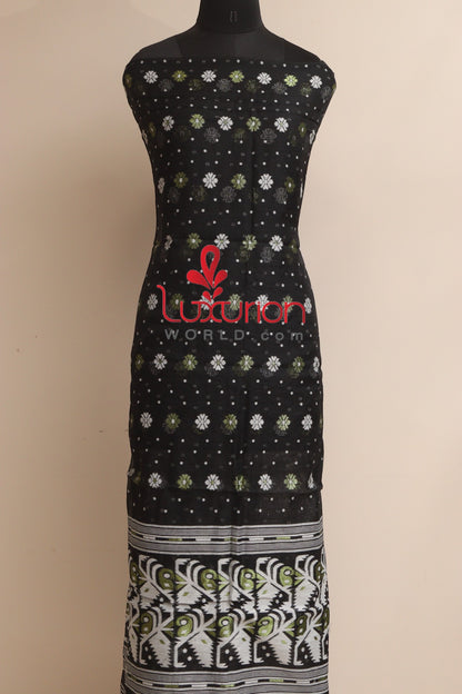 Black Jamdani Cotton Silk Three Piece Unstitched Suit Set - Luxurion World