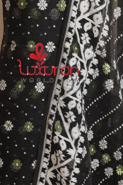 Black Jamdani Cotton Silk Three Piece Unstitched Suit Set - Luxurion World
