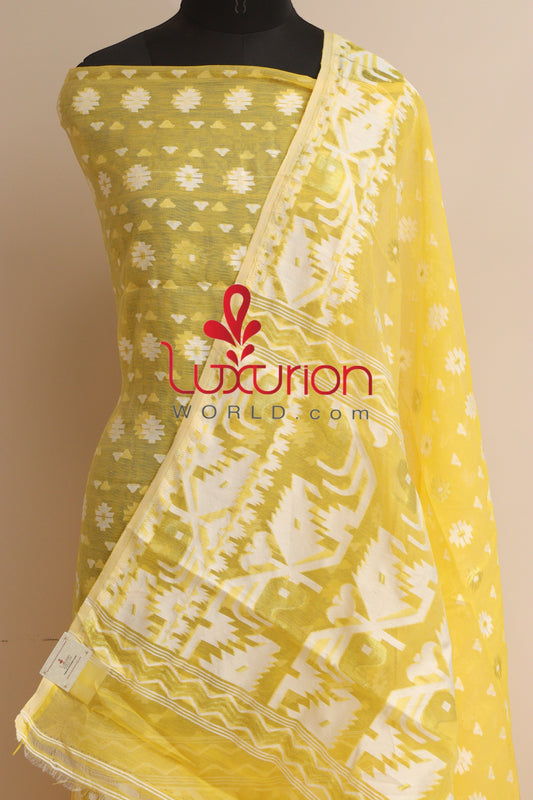 Yellow Jamdani Cotton Silk Three Piece Unstitched Suit Set - Luxurion World