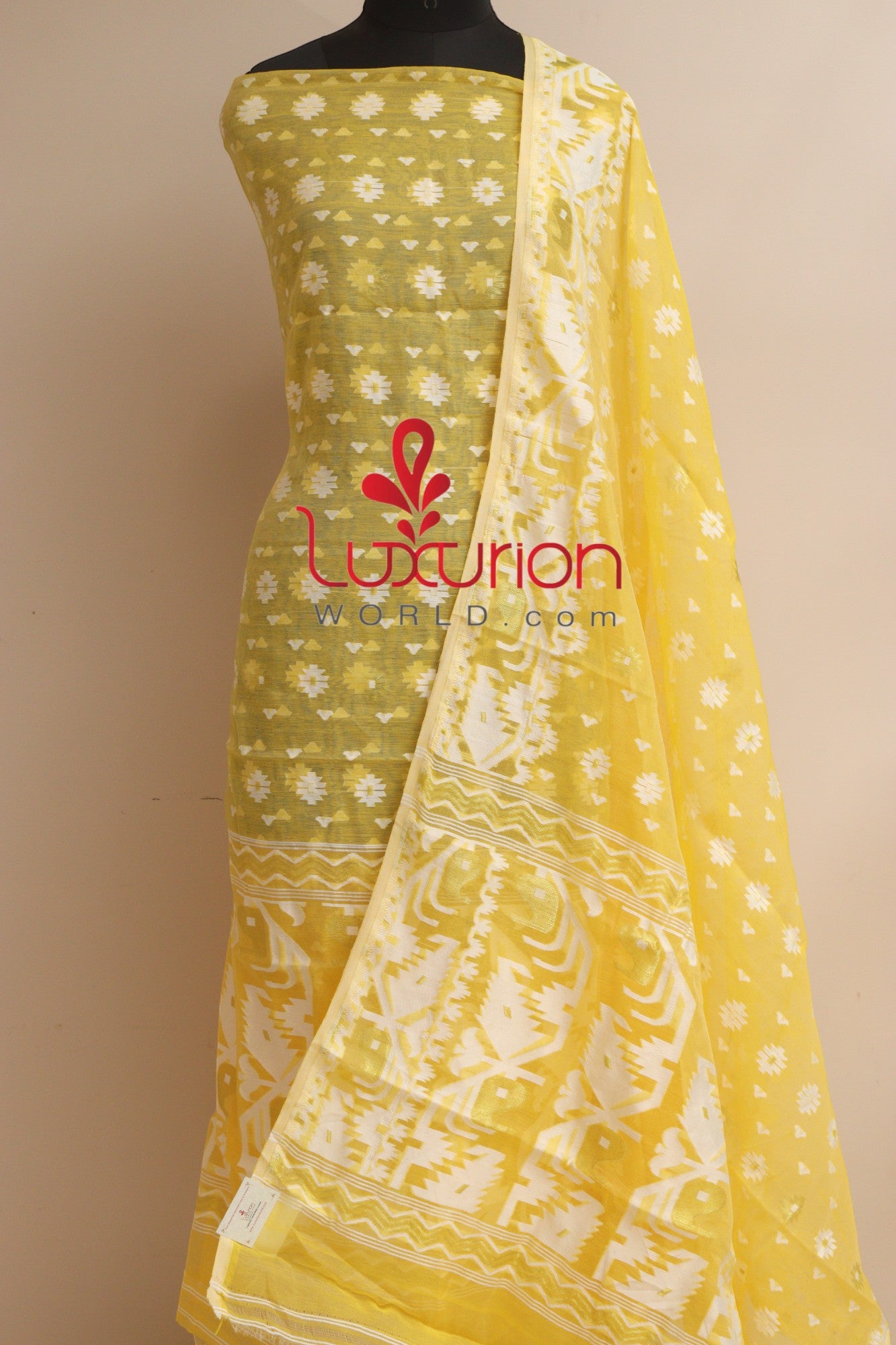 Yellow Jamdani Cotton Silk Three Piece Unstitched Suit Set - Luxurion World