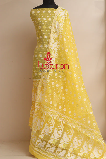 Yellow Jamdani Cotton Silk Three Piece Unstitched Suit Set - Luxurion World