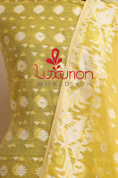 Yellow Jamdani Cotton Silk Three Piece Unstitched Suit Set - Luxurion World