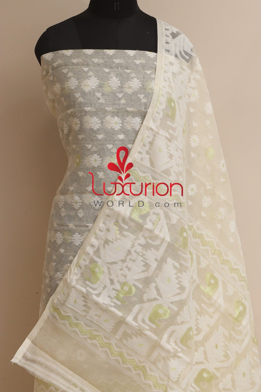 Pastel Jamdani Cotton Silk Three Piece Unstitched Suit Set - Luxurion World