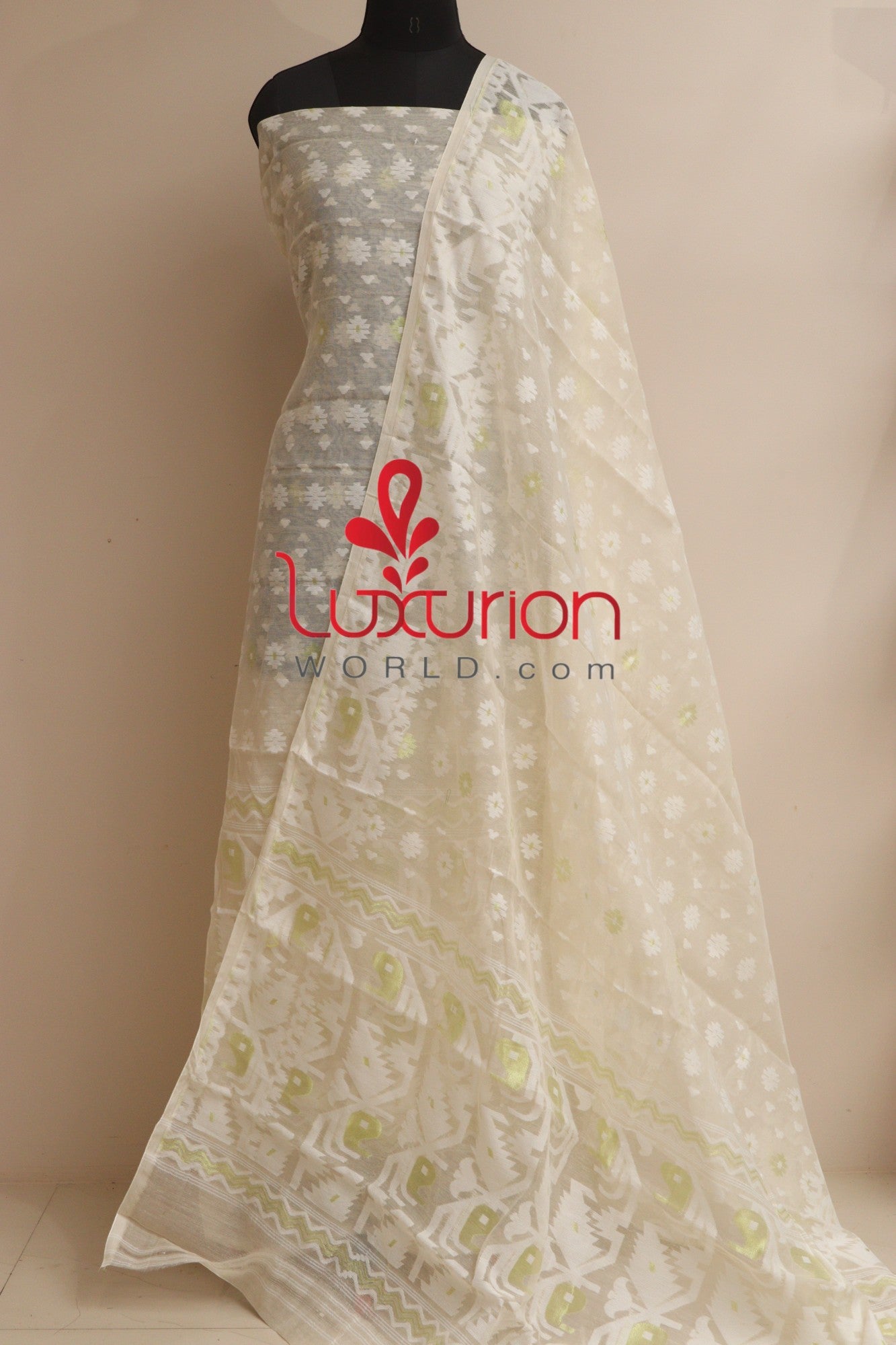 Pastel Jamdani Cotton Silk Three Piece Unstitched Suit Set - Luxurion World