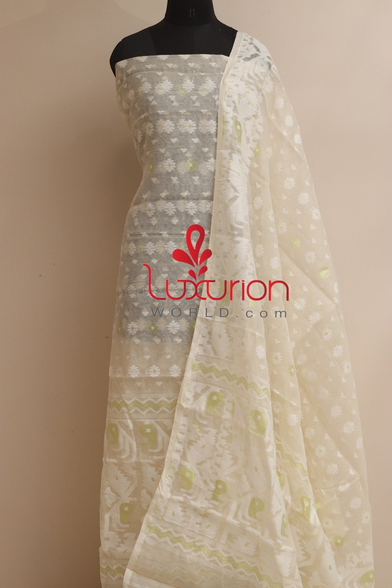 Pastel Jamdani Cotton Silk Three Piece Unstitched Suit Set - Luxurion World