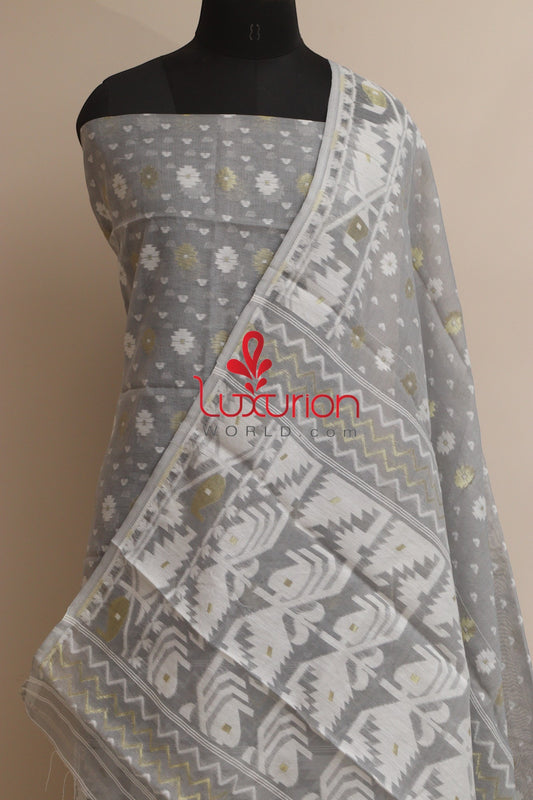 Grey Jamdani Cotton Silk Three Piece Unstitched Suit Set - Luxurion World