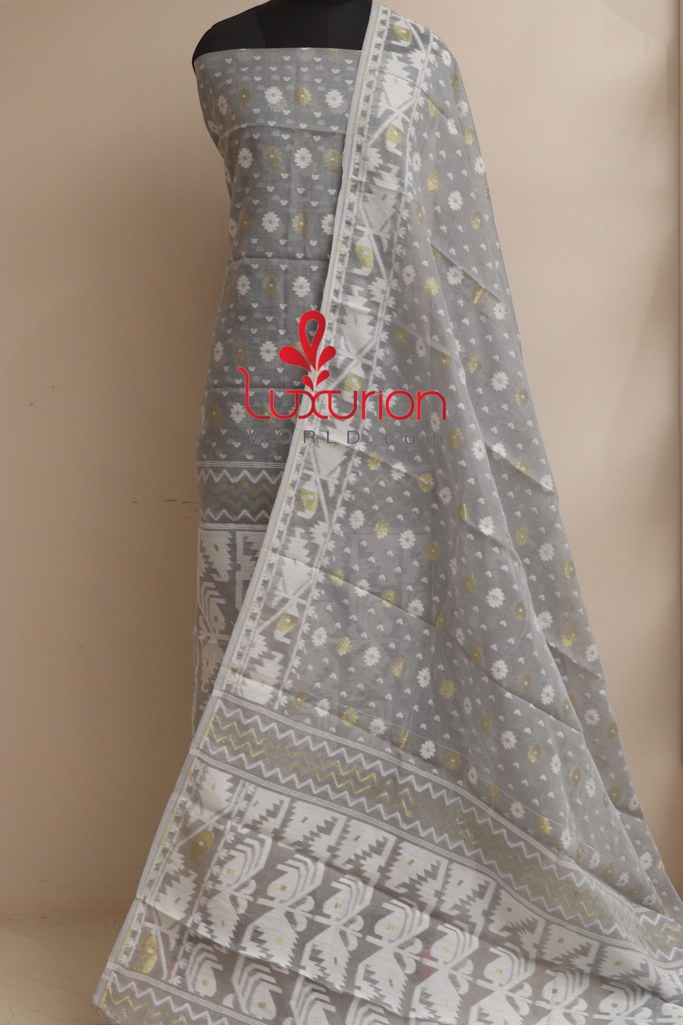 Grey Jamdani Cotton Silk Three Piece Unstitched Suit Set - Luxurion World