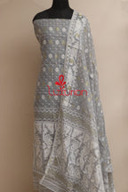 Grey Jamdani Cotton Silk Three Piece Unstitched Suit Set - Luxurion World