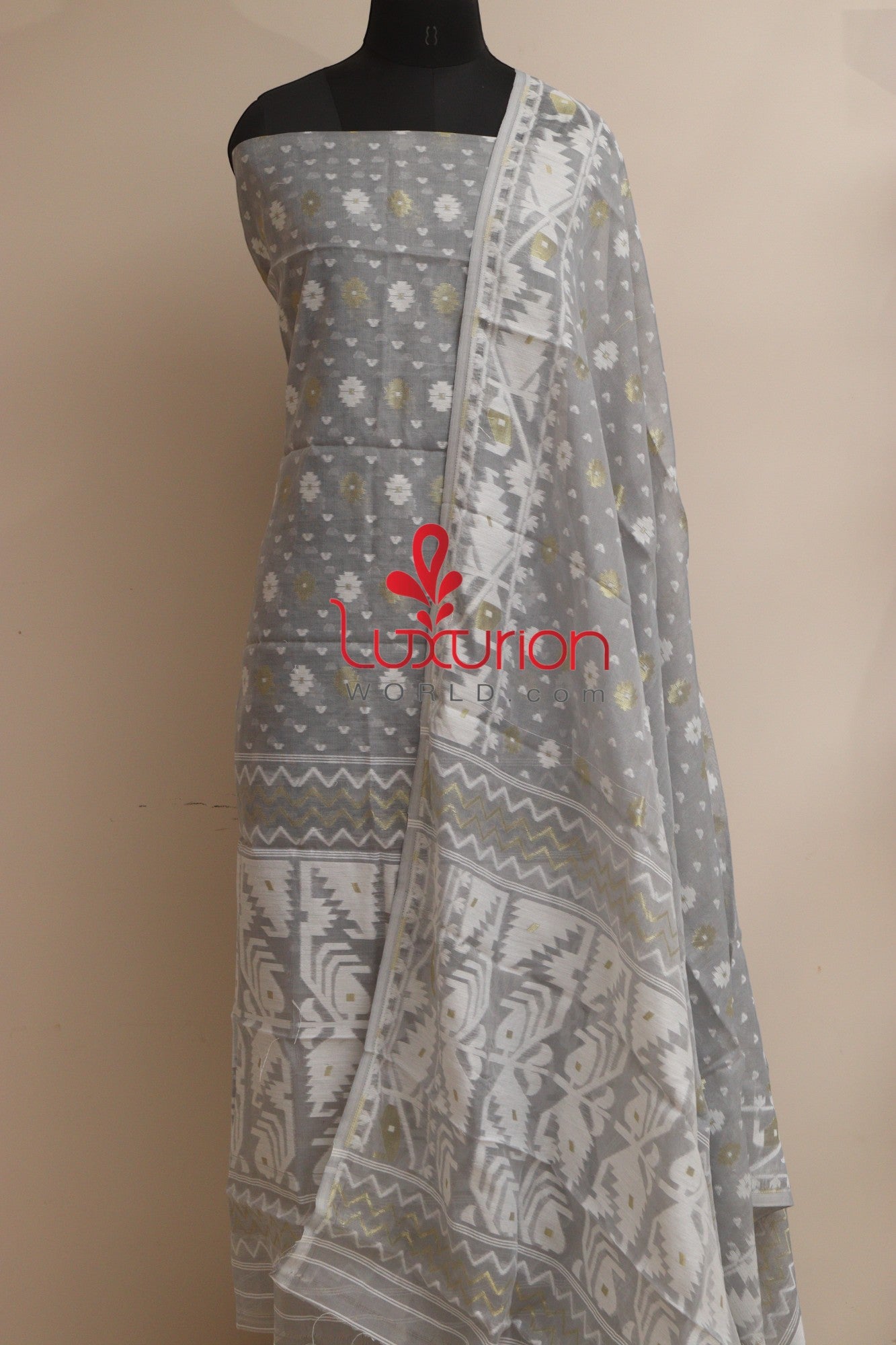 Grey Jamdani Cotton Silk Three Piece Unstitched Suit Set - Luxurion World