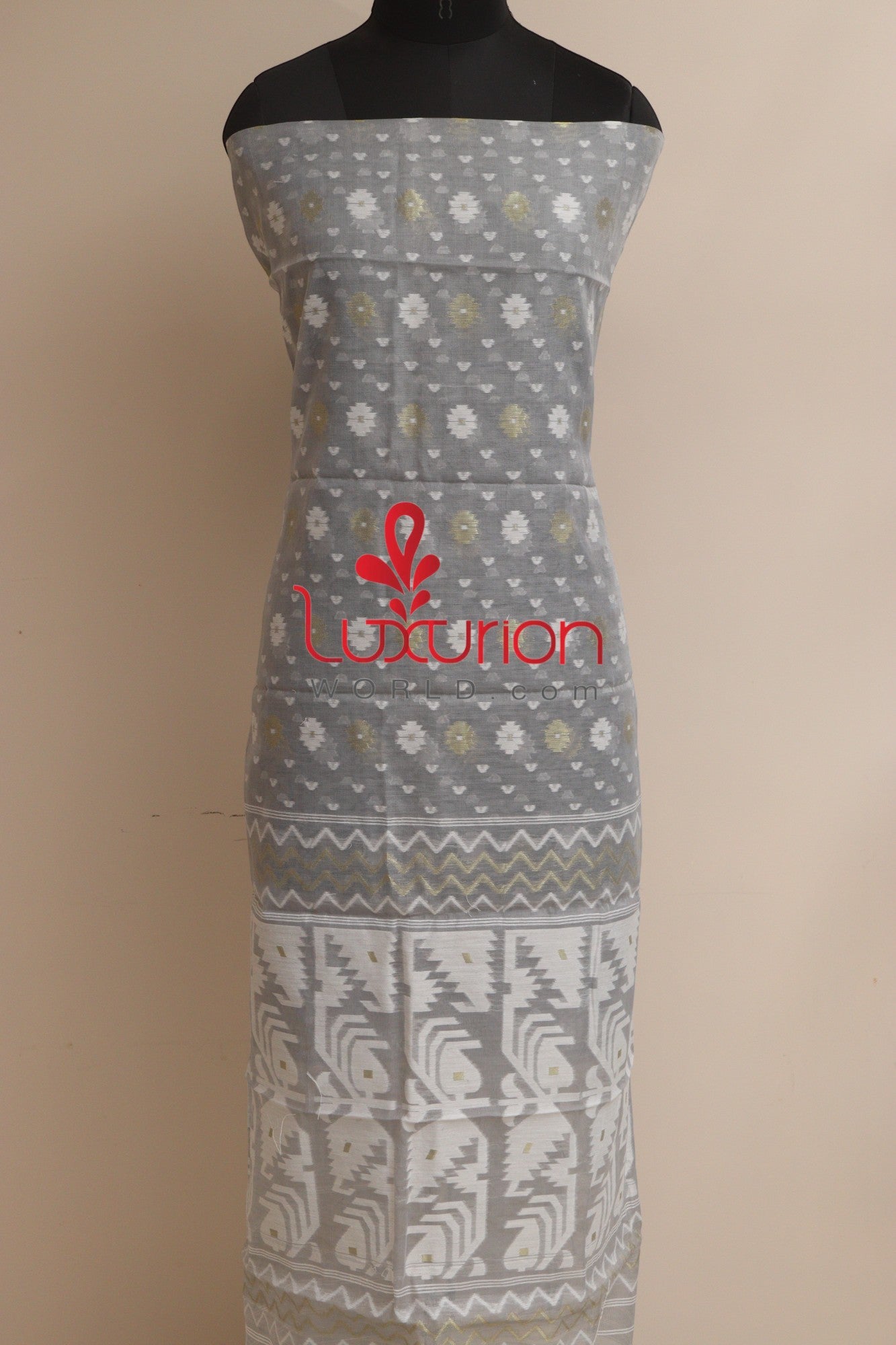 Grey Jamdani Cotton Silk Three Piece Unstitched Suit Set - Luxurion World