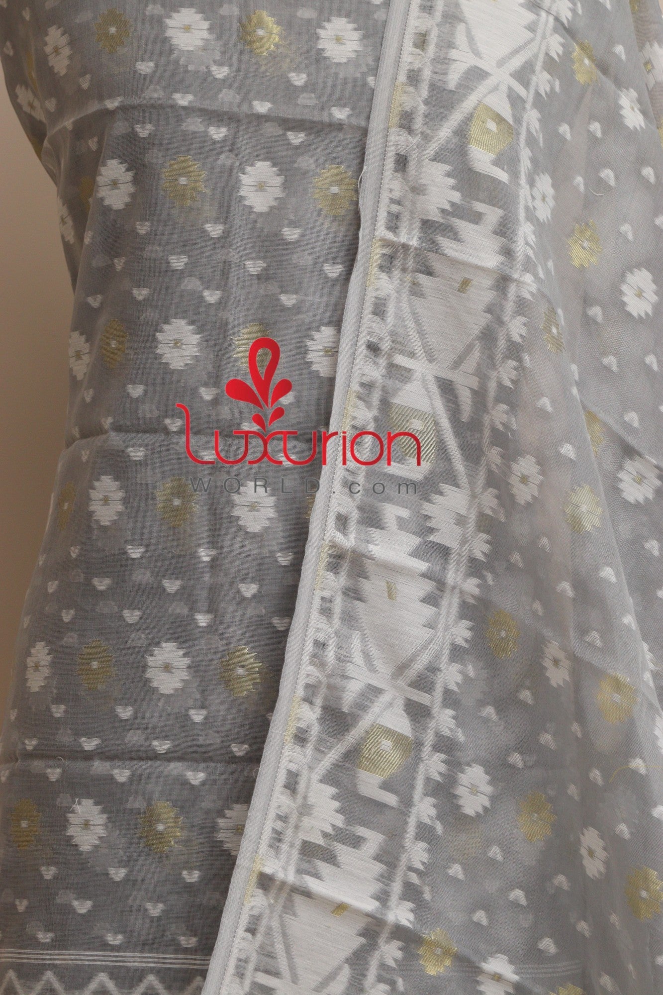 Grey Jamdani Cotton Silk Three Piece Unstitched Suit Set - Luxurion World