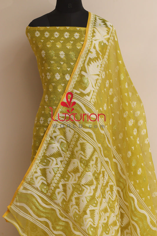 Yellow Jamdani Cotton Silk Three Piece Unstitched Suit Set - Luxurion World