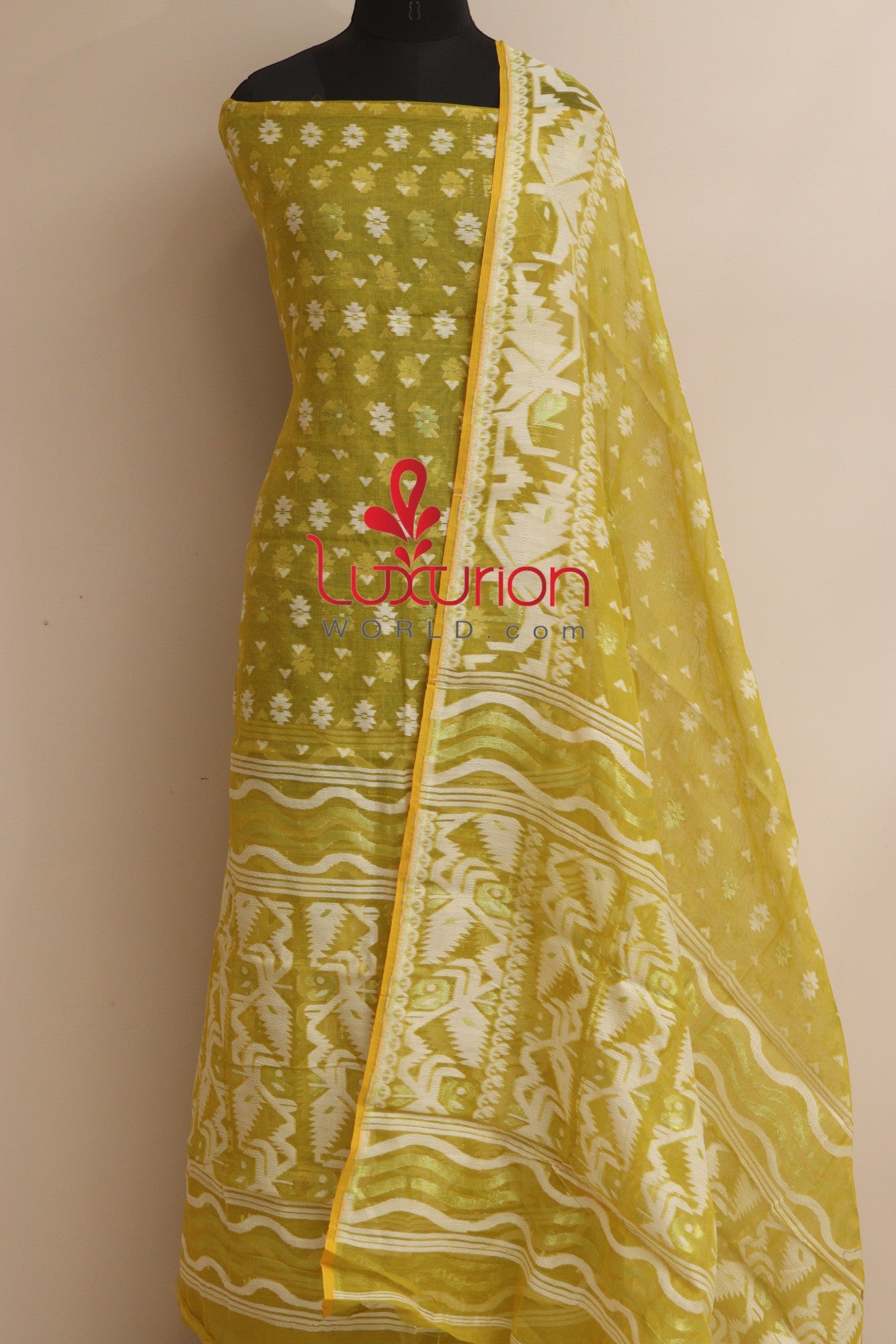 Yellow Jamdani Cotton Silk Three Piece Unstitched Suit Set - Luxurion World