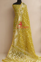 Yellow Jamdani Cotton Silk Three Piece Unstitched Suit Set - Luxurion World
