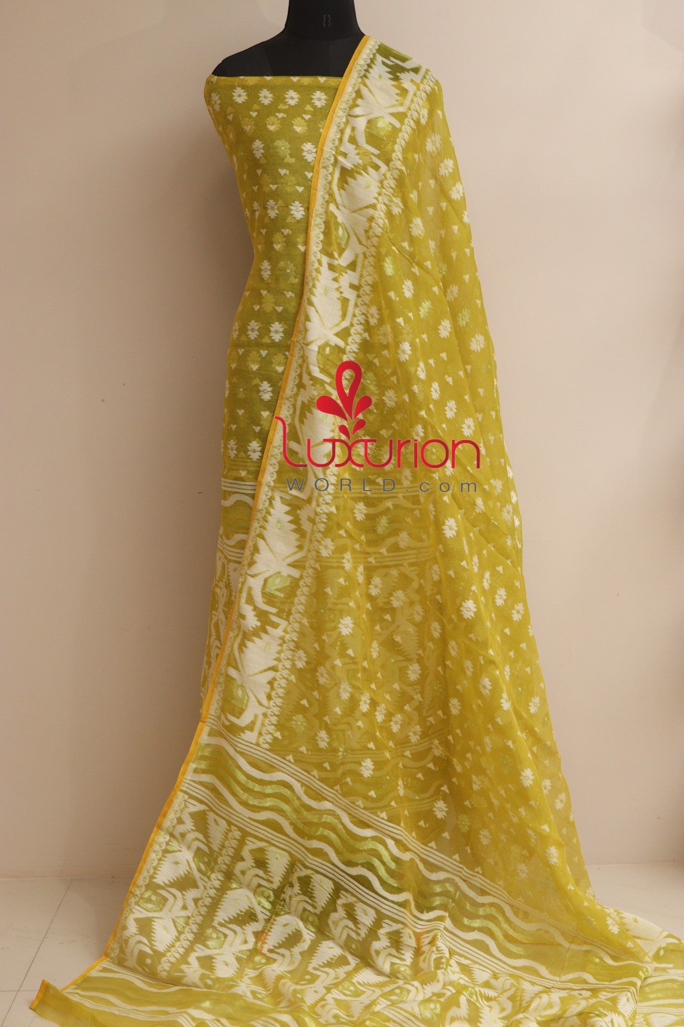 Yellow Jamdani Cotton Silk Three Piece Unstitched Suit Set - Luxurion World