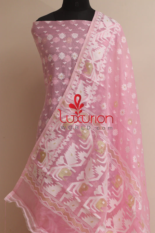 Pretty in Pink: Jamdani Cotton Silk Three Piece Unstitched Suit Set - Luxurion World