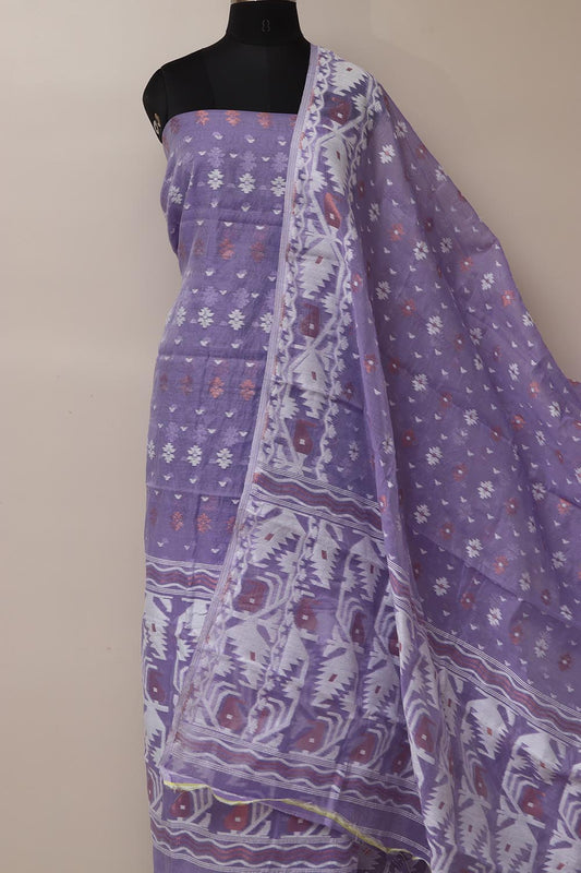 Elegant Purple Jamdani Cotton Silk Three Piece Unstitched Suit Set - Luxurion World