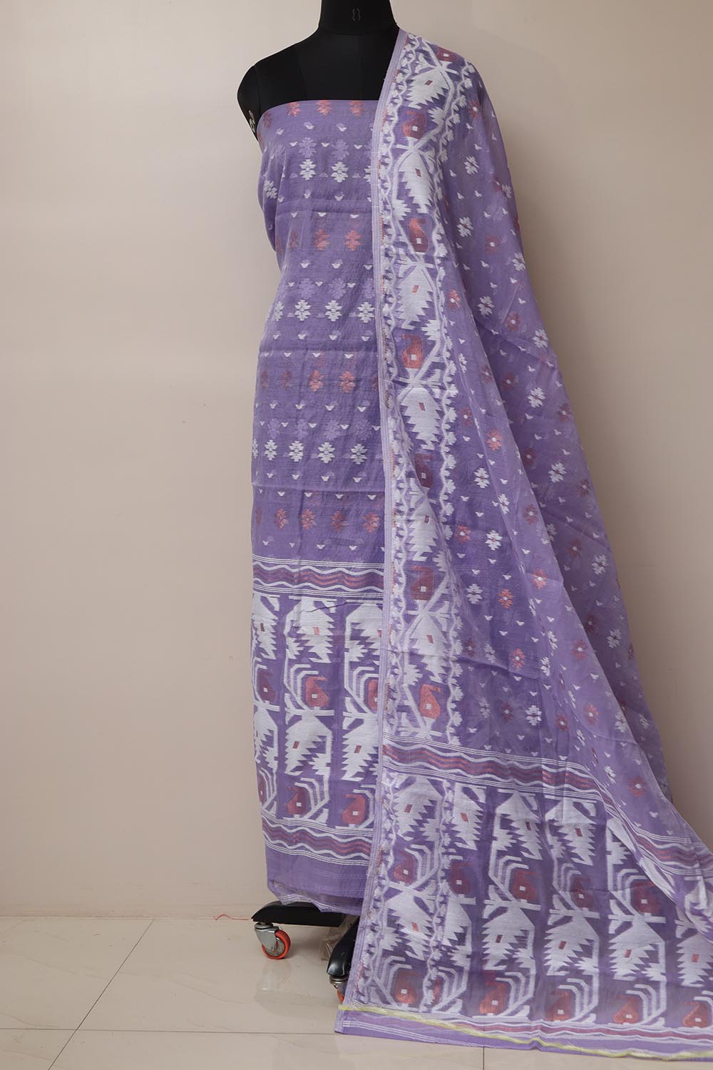 Elegant Purple Jamdani Cotton Silk Three Piece Unstitched Suit Set - Luxurion World