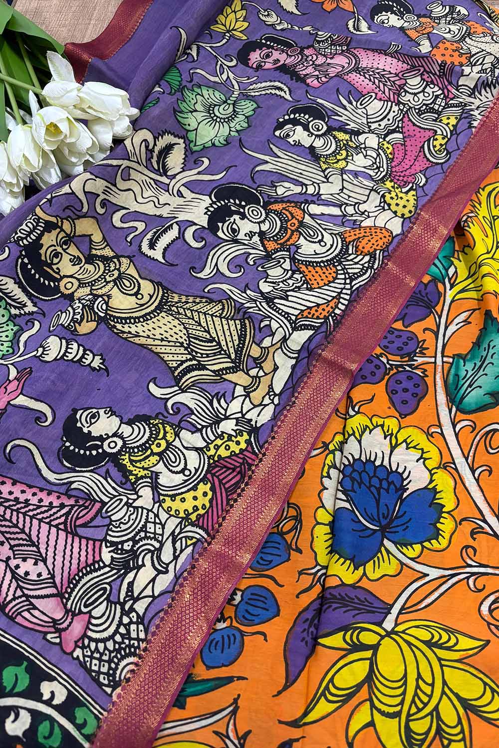 Orange Kalamkari Hand Painted Bangalore Silk Suit With Purple Kalamkari Hand Painted Pure Bangalore Silk Dupatta - Luxurion World