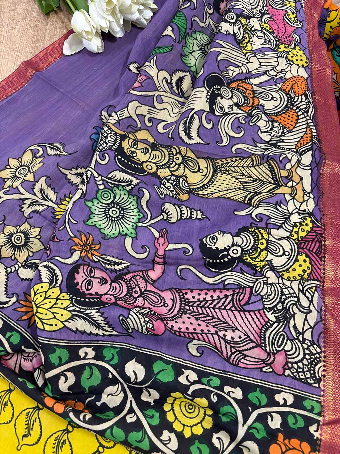 Orange Kalamkari Hand Painted Bangalore Silk Suit With Purple Kalamkari Hand Painted Pure Bangalore Silk Dupatta - Luxurion World