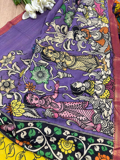 Orange Kalamkari Hand Painted Bangalore Silk Suit With Purple Kalamkari Hand Painted Pure Bangalore Silk Dupatta - Luxurion World