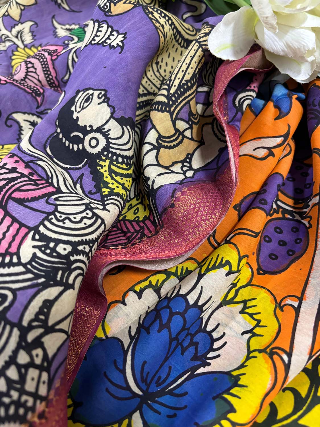 Orange Kalamkari Hand Painted Bangalore Silk Suit With Purple Kalamkari Hand Painted Pure Bangalore Silk Dupatta - Luxurion World