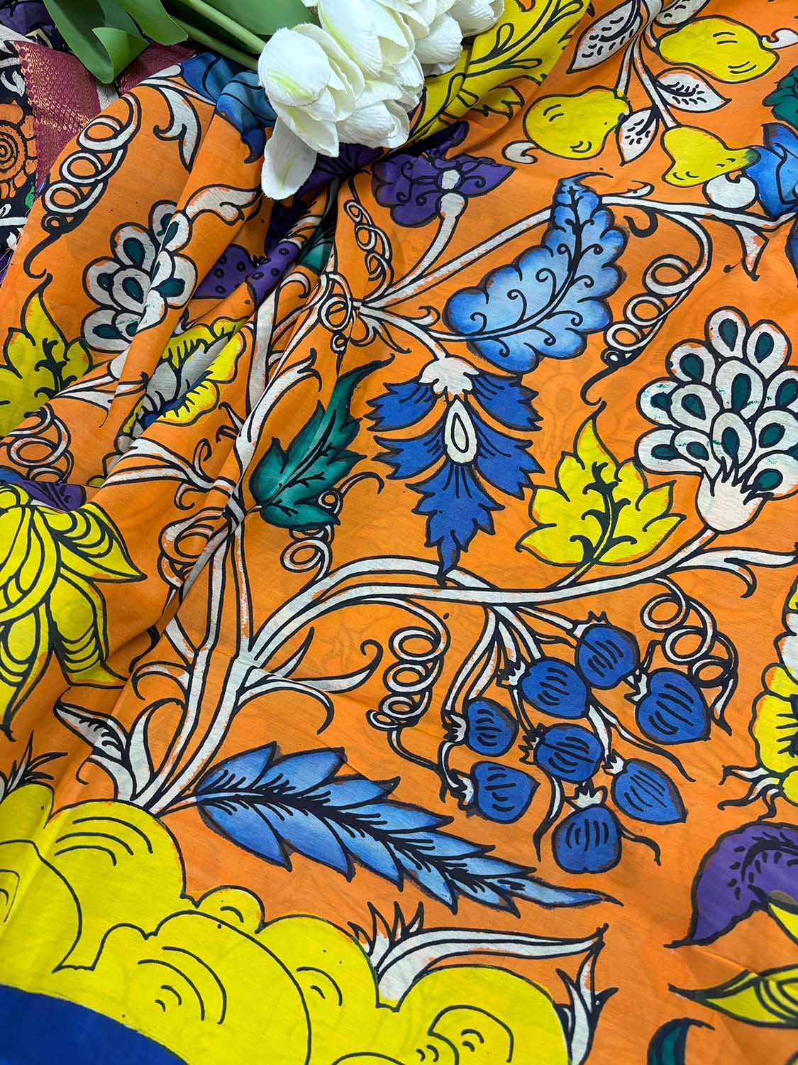 Orange Kalamkari Hand Painted Bangalore Silk Suit With Purple Kalamkari Hand Painted Pure Bangalore Silk Dupatta - Luxurion World