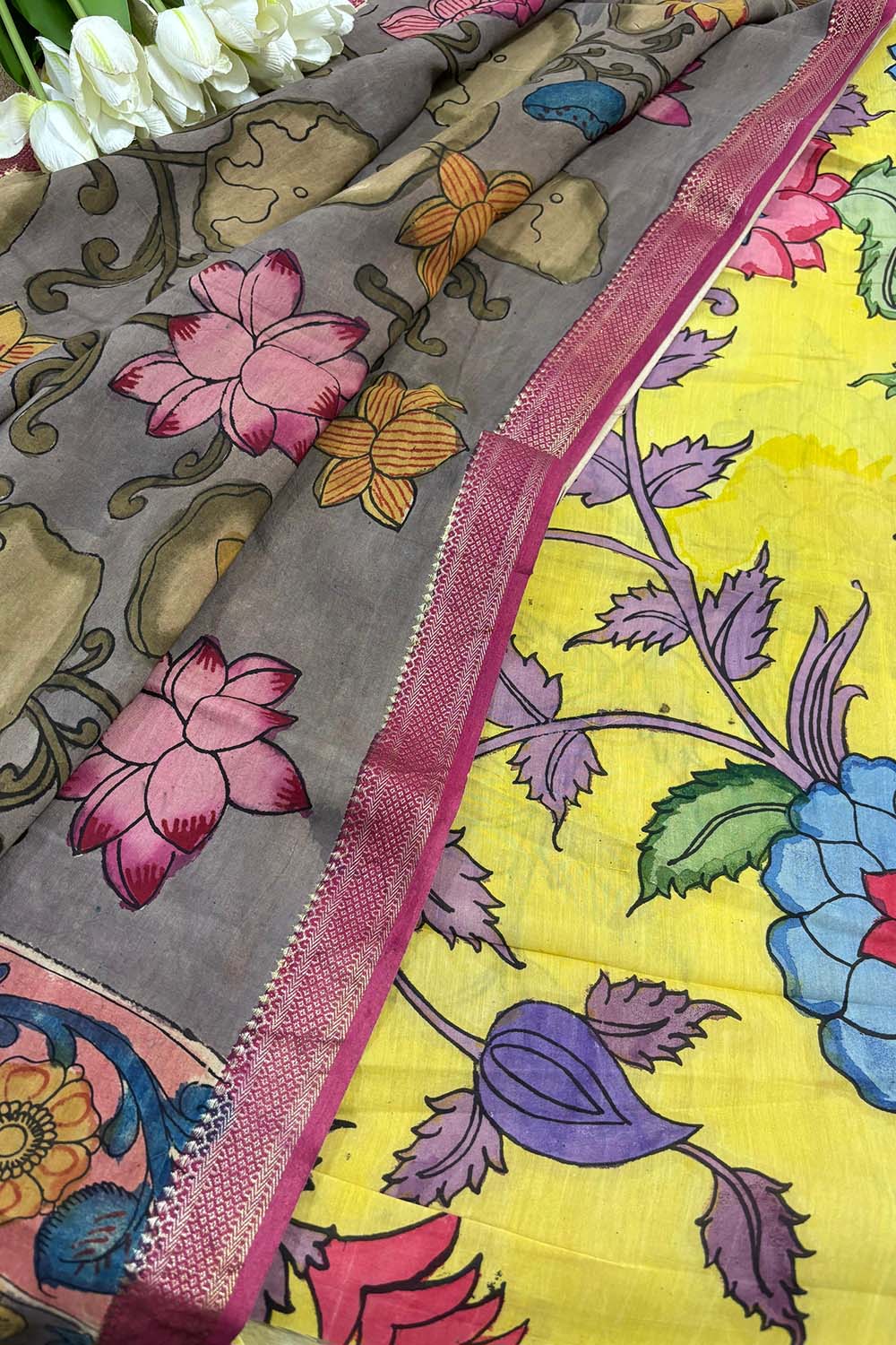 Yellow Pen Kalamkari Pure Silk Suit With Multicolor Kalamkari Pure Silk Dupatta - Luxurion World