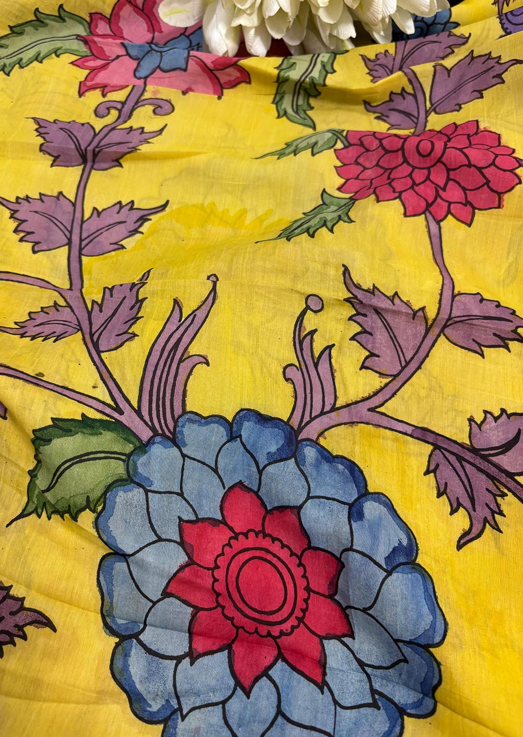 Yellow Pen Kalamkari Pure Silk Suit With Multicolor Kalamkari Pure Silk Dupatta - Luxurion World