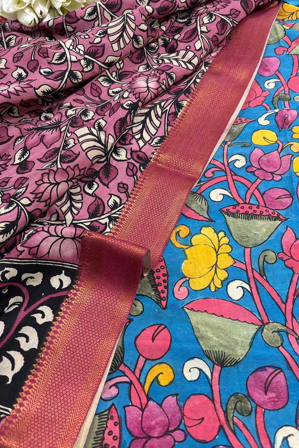 Blue Pen Kalamkari Pure Silk Suit With Pink Kalamkari Hand Painted Pure Bangalore Silk Dupatta - Luxurion World