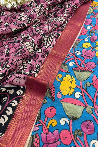 Blue Pen Kalamkari Pure Silk Suit With Pink Kalamkari Hand Painted Pure Bangalore Silk Dupatta - Luxurion World