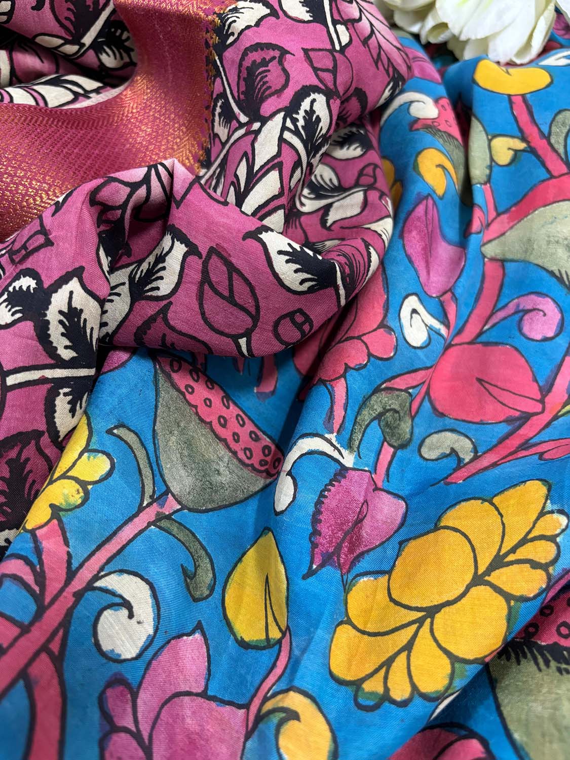 Blue Pen Kalamkari Pure Silk Suit With Pink Kalamkari Hand Painted Pure Bangalore Silk Dupatta - Luxurion World