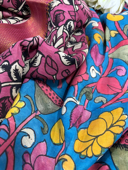 Blue Pen Kalamkari Pure Silk Suit With Pink Kalamkari Hand Painted Pure Bangalore Silk Dupatta - Luxurion World
